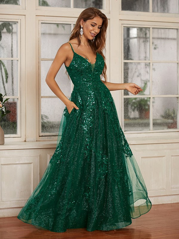 Robe longue sans manches à col en V et appliques en dentelle